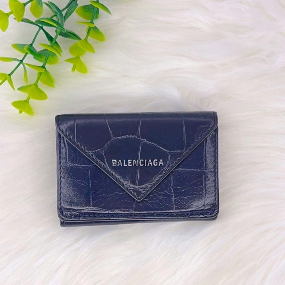 Balenciaga Navy Blue Croc-Embossed Trifold Compact Wallet - Picture 3 of 15